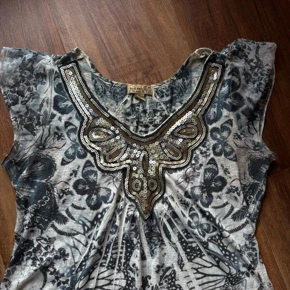 Vintage Y2K Boho Sequin Butterfly Blue Grey Flowy Romantic Short Sleeve Top M - Picture 3 of 6